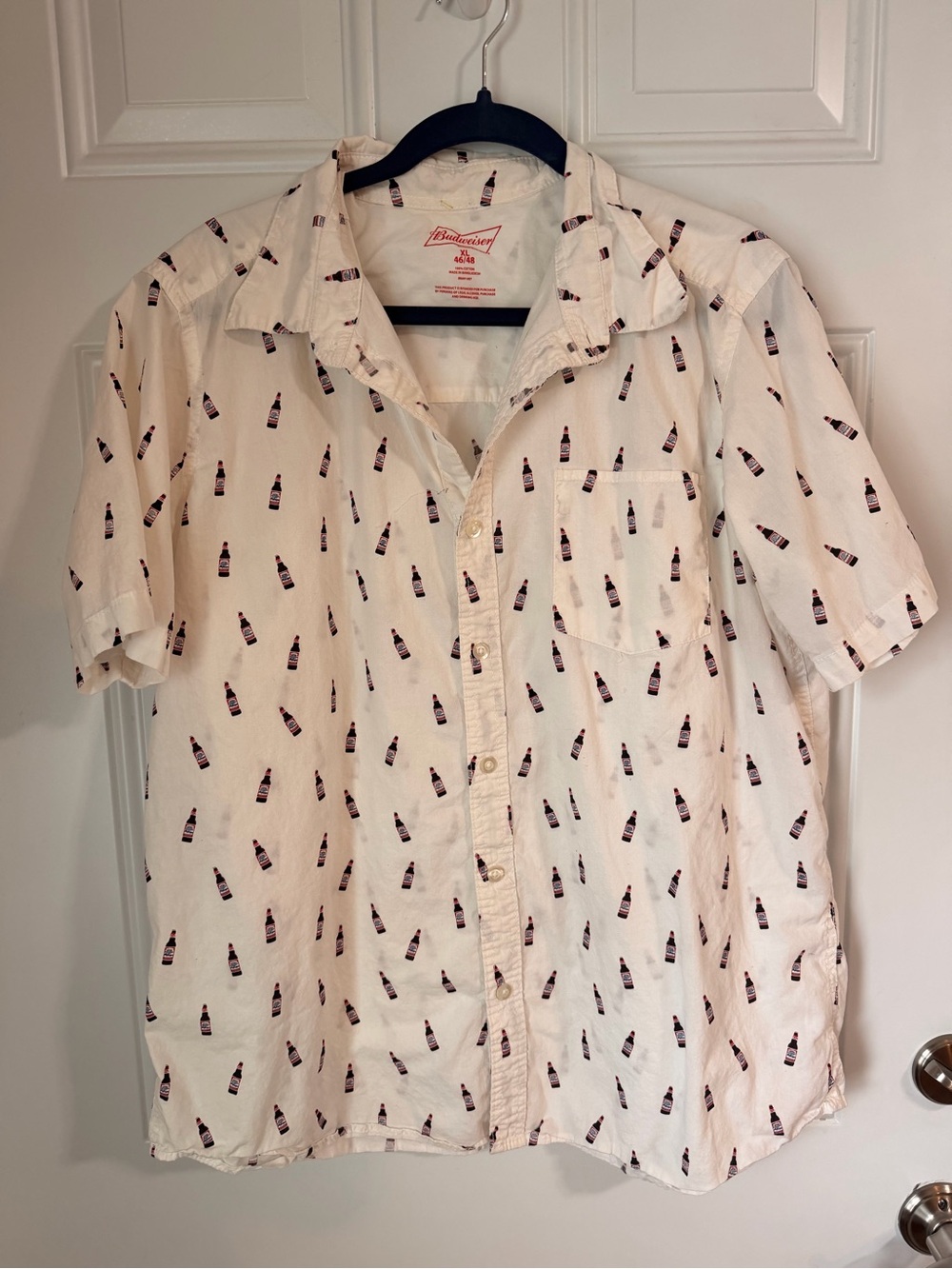 Budweiser Cream Short-Sleeve Button-Down Shirt with Bottle Print